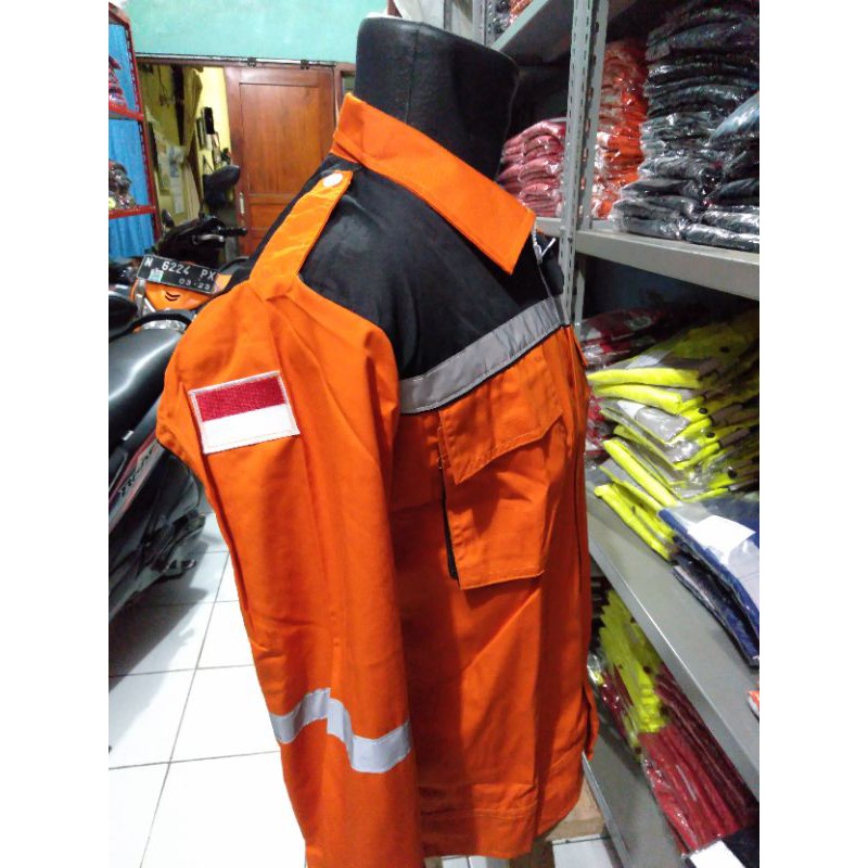 BAJU SAFETY SERAGAM KERJA ATASAN ORANYE HITAM FREE LOGO K3 BENDERA RESLETING