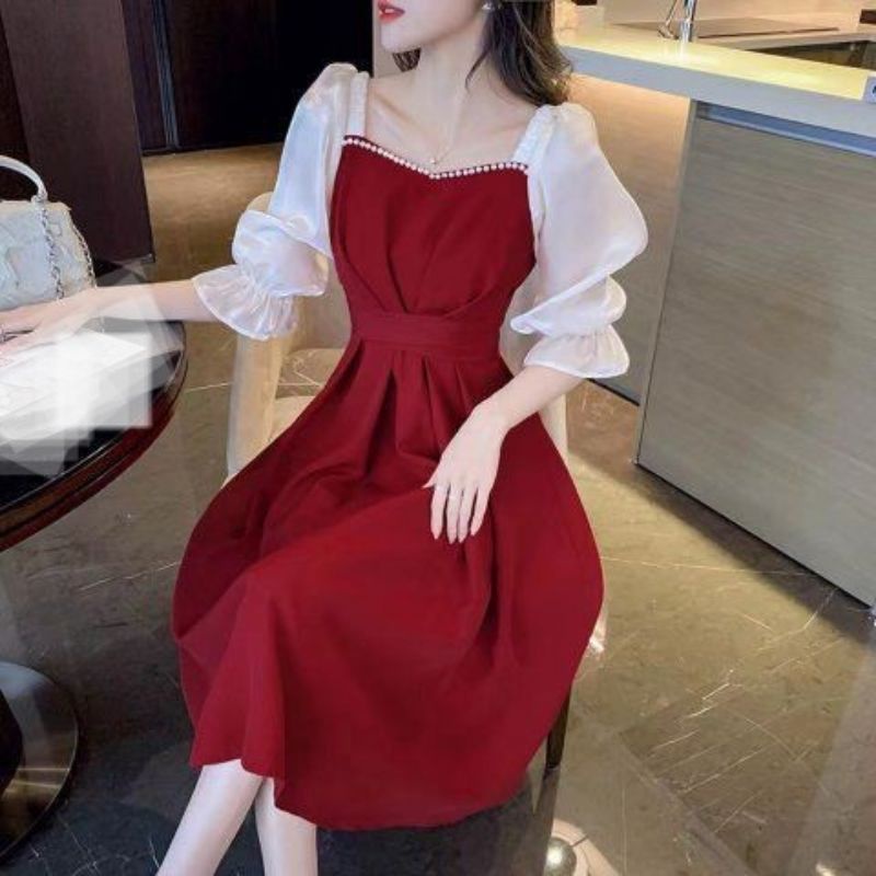 Dress Gaya Korea Leher Persegi Mutiara Ori M131