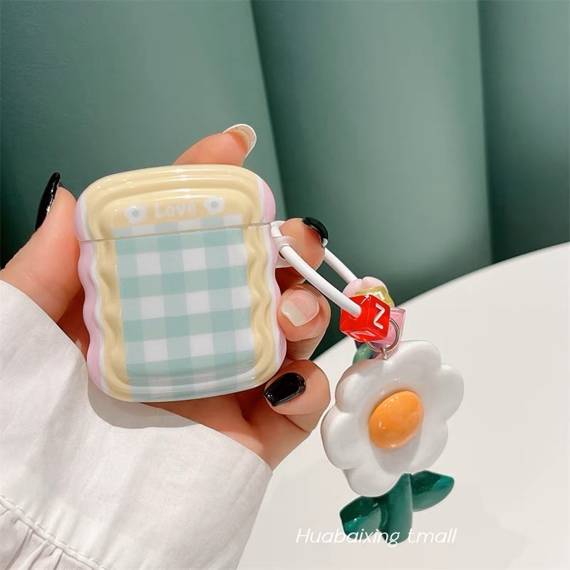 Pastel Yellow Checkered with Daisy Holder Softcase for Apple Airpods 1/2 Pro 3 Case Airpods Lucu