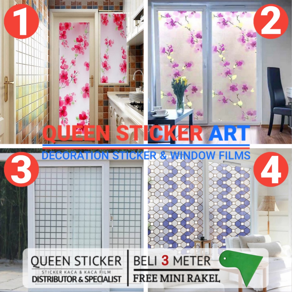Stiker Kaca Film Jendela Rumah / Sandblast Polos / Sticker Kaca Motif Bunga Minimalis Kotak Ikan Dll