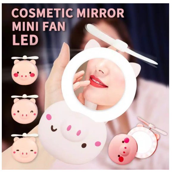 (COD) CERMIN KACA RIAS MAKE UP LED Karakter+Fan Portable 3 In 1 Portable / CERMIN with RING LIGHT LED and Fan KACA RIAS MAKEUP PLUS KIPAS / Mirror Pocke