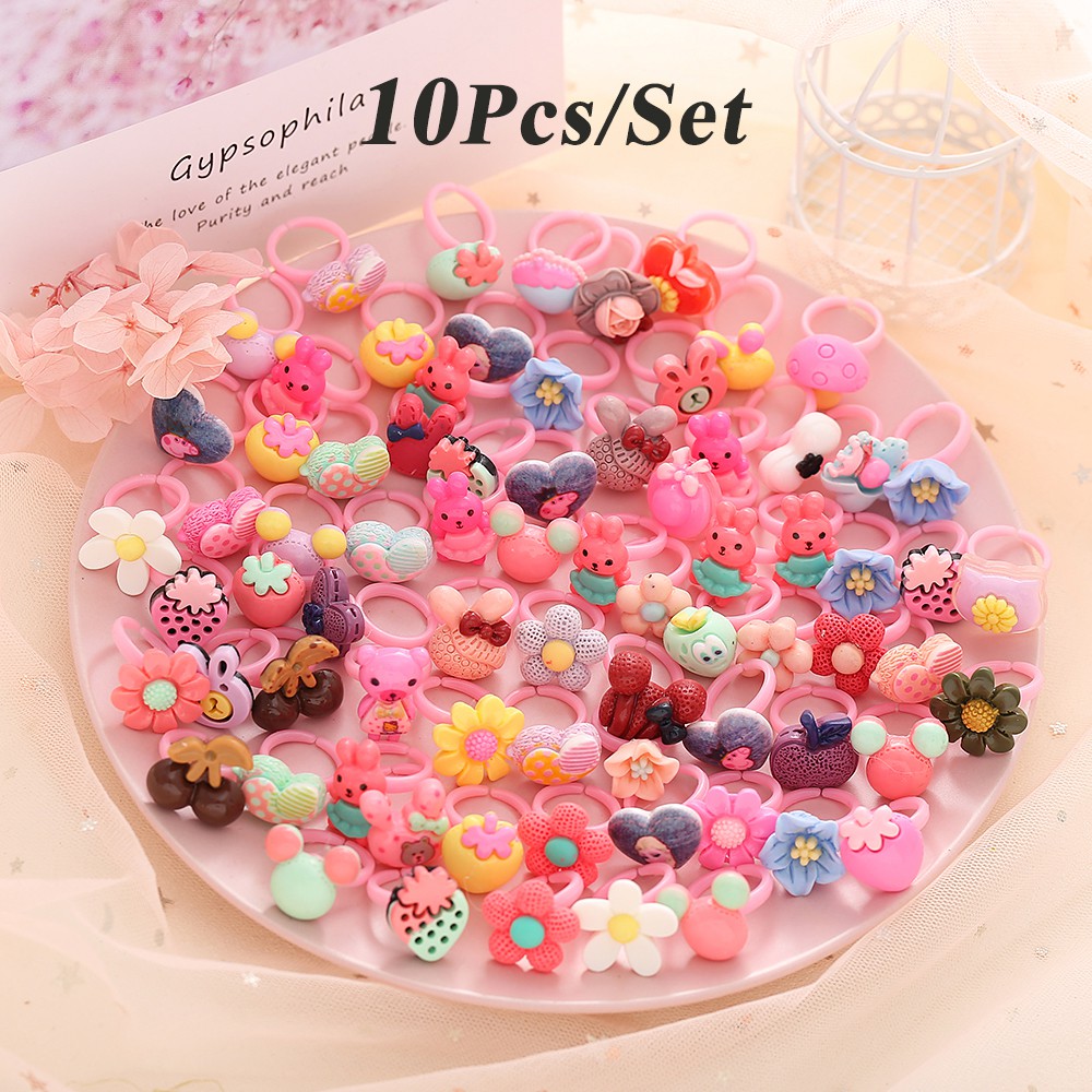 10pcs / Set Cincin Desain Kartun Hewan Bunga Buah Warna Acak Gaya Korea Untuk Aksesoris Perhiasan