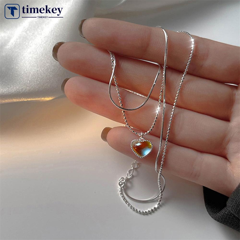 Timekey Kalung Choker Rantai Silver Wanita Liontin Hati Hias Moonstone Untuk Pesta Pernikahan E6Y5