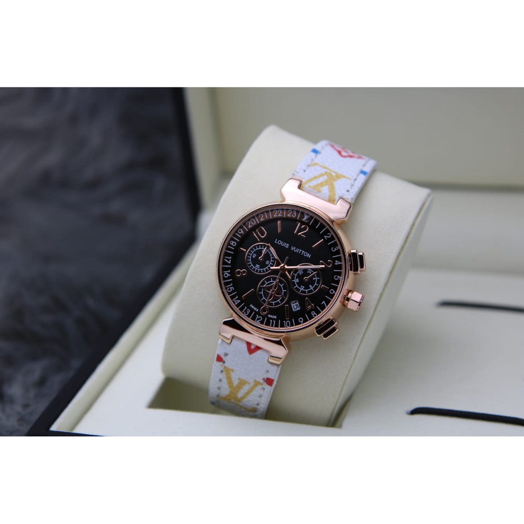 JAM TANGAN WANITA CEWEK FASHION LV CHRONO OFF STRAP KULIT