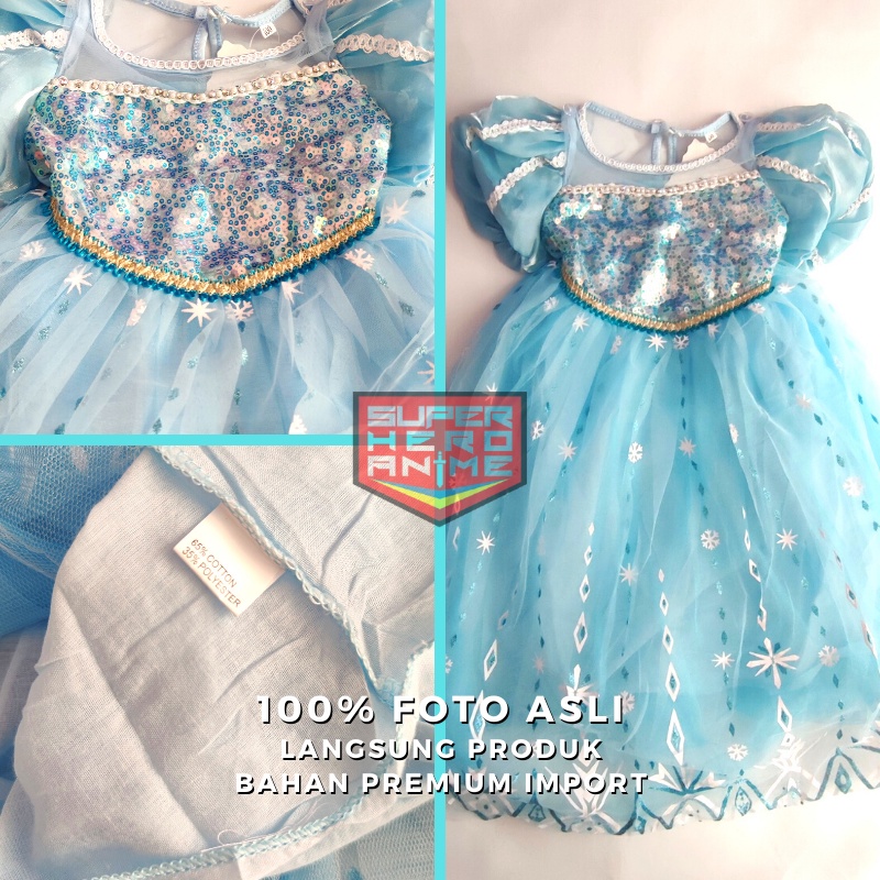 Dress Anak Perempuan Import Elsa Frozen Kostum Gaun Tangan Balon Baju Costume Pesta Ulang Tahun