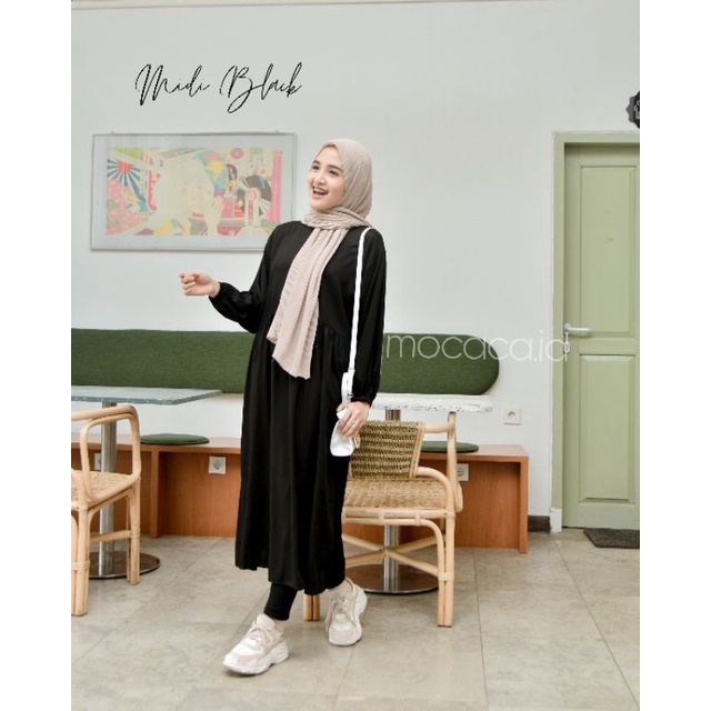 Midi Dress Rayon Twill Premium dan Katun Poplin Premium Hitam dan Putih A Line Babydoll super Cantik