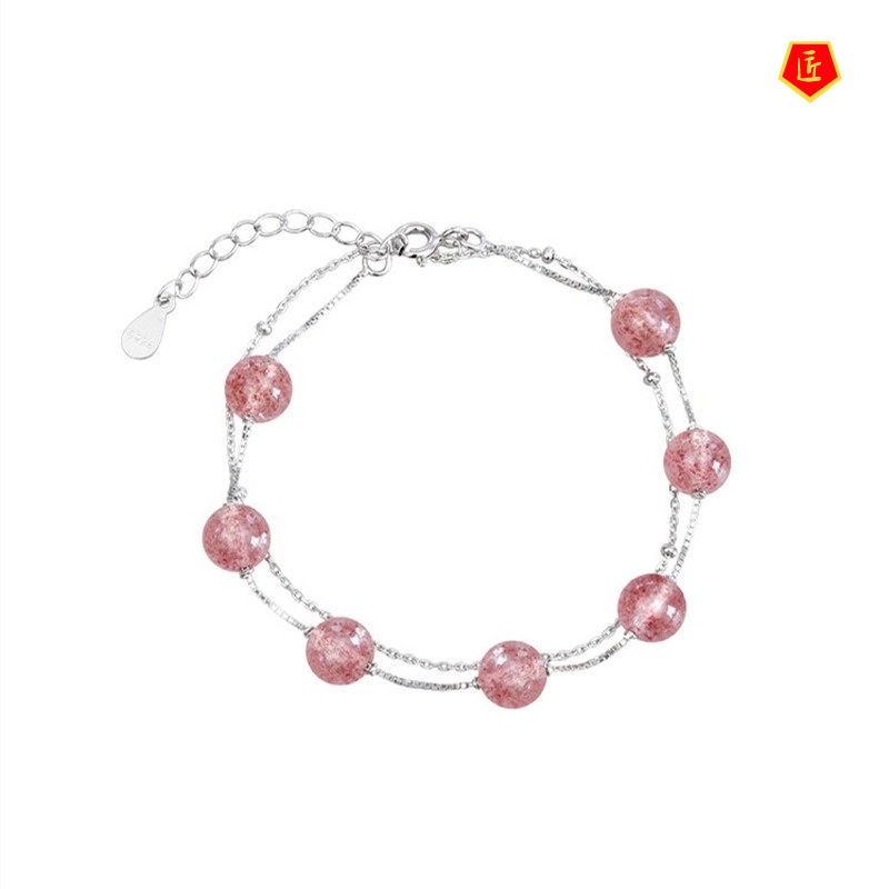 [Ready Stock]Double Layer Strawberry Quartz Silver Bracelet Female