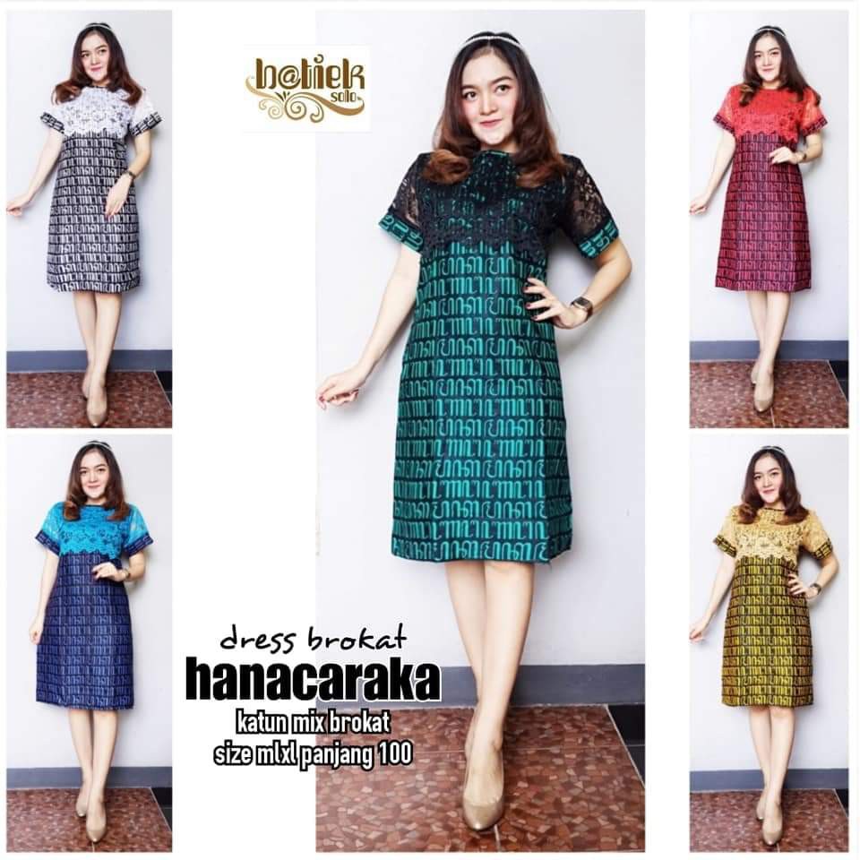 Dress Batik Wanita Brokat Motif Hanacaraka Lengan Pendek Warna Kombinasi Premium Aksara Jawa