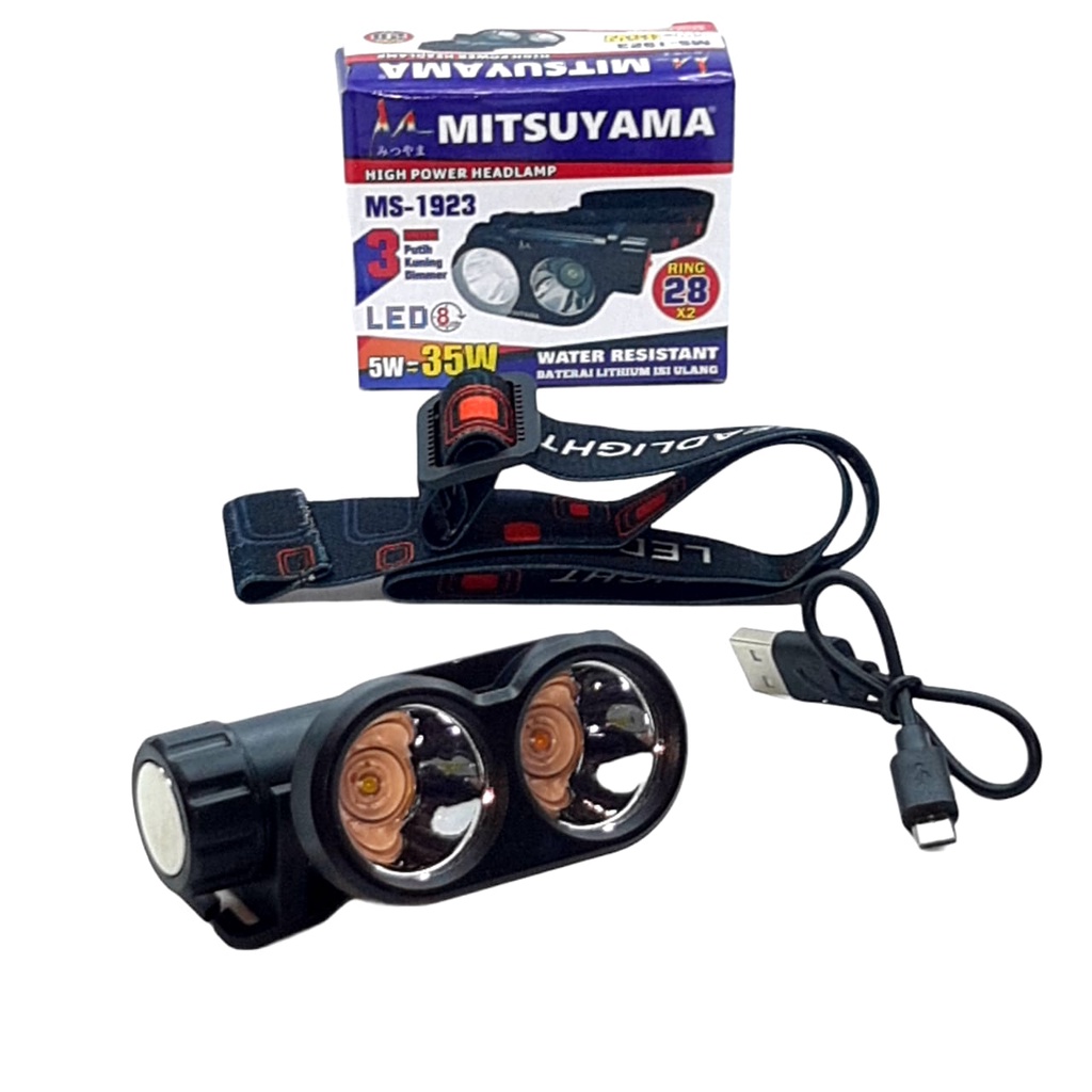 Senter Kepala LED Super Terang MS-1923 Cahaya Putih Dan Kuning Model Charger Micro USB