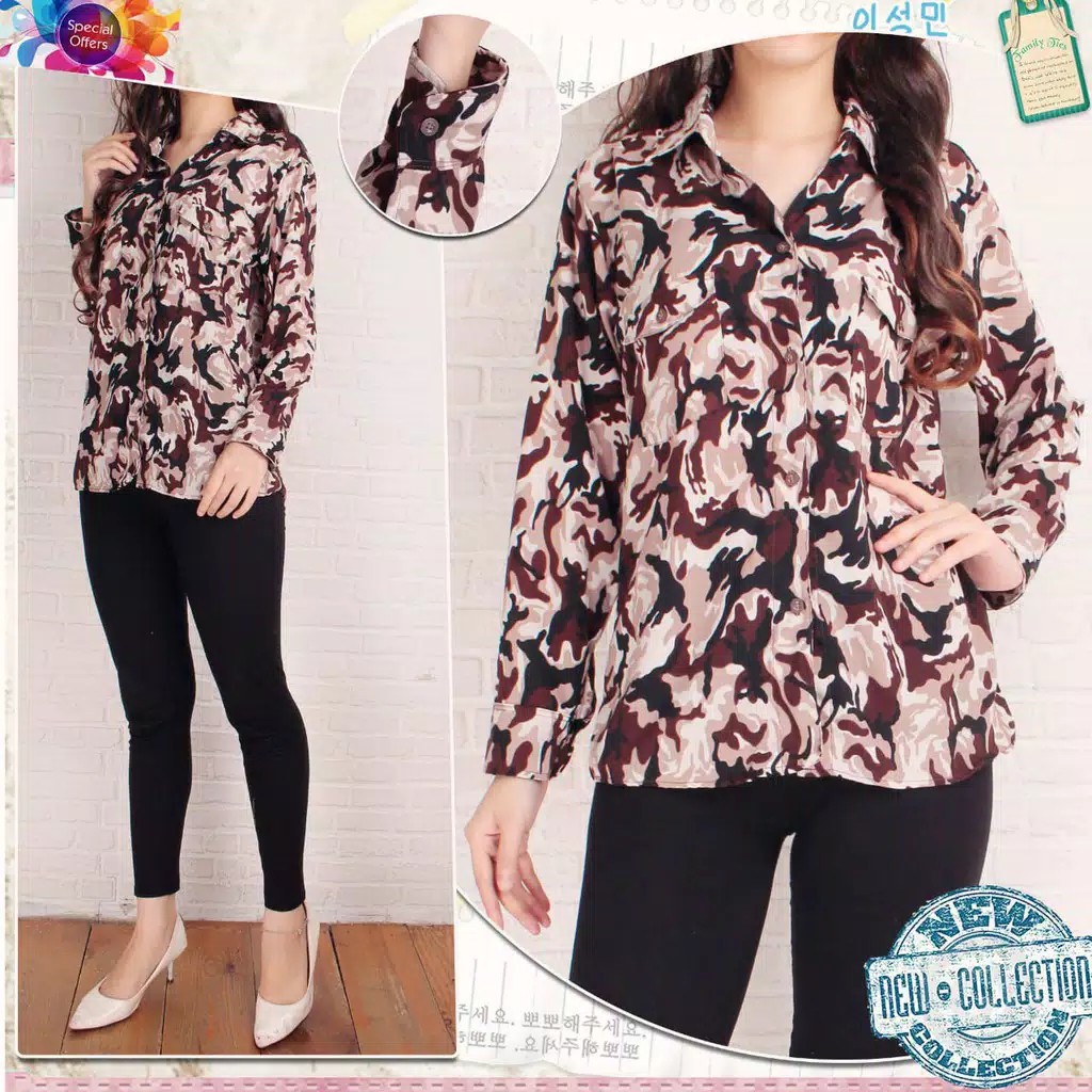 COWAD BAJU ATASAN KEMEJA WANITA LENGAN PANJANG MOTIF ARMY KEMEJA CEWEK