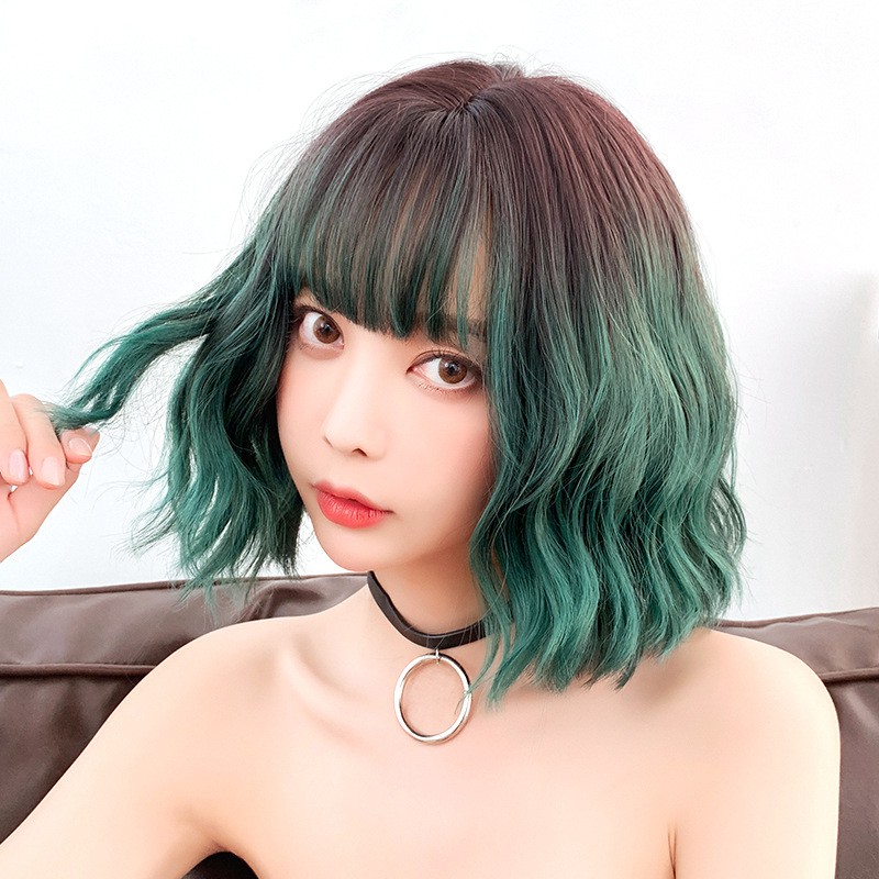 Wig Rambut Palsu Wanita Model Pendek Lurus Poni Warna Gradasi - wig high messy ponytail roblox