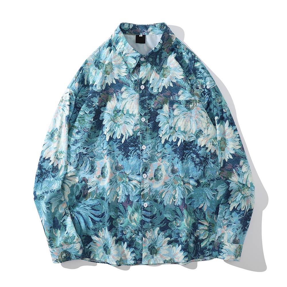 Dark Icon Kemeja Hawaiian Pria Lengan Panjang Motif Hawai Casual Shirt Wanita Biru Khaki