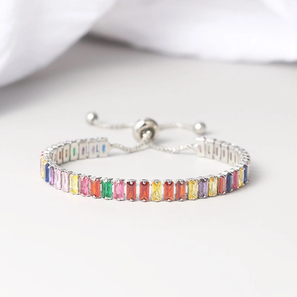 Hadiah Perhiasan Rainbow Kristal Zirkon Rantai Adjustable Bracelet Gelang Multicolor Warna-Warni Gadis Tenis Wanita