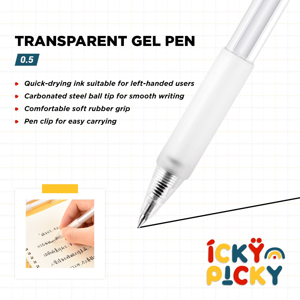 

[ickypicky] Deli Pena/Pulpen Cetekan Transparan Tinta Hitam Gaya Muji 0.5 mm A057B-01 | Transparent Gel Pen w/ Black Ink
