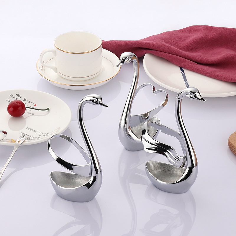 Sendok Garpu Set Stainless Alat Makan Buah Plus Tempat Sendok Stainless Angsa Bracket Sendok Garpu Elegant Swan Bracket