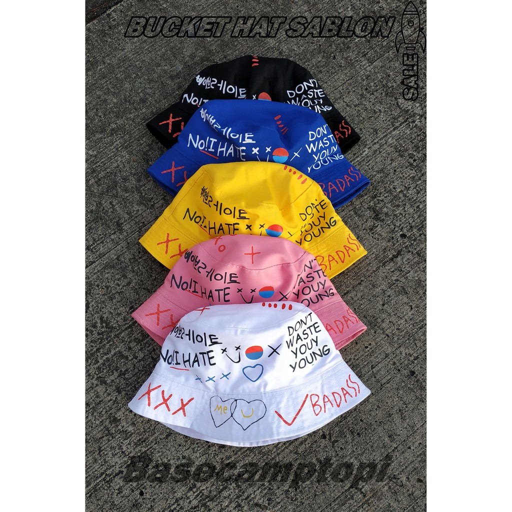 Topi Bucket Hat Korea Sablon Motif Sablon Badass Premium Pria Wanita