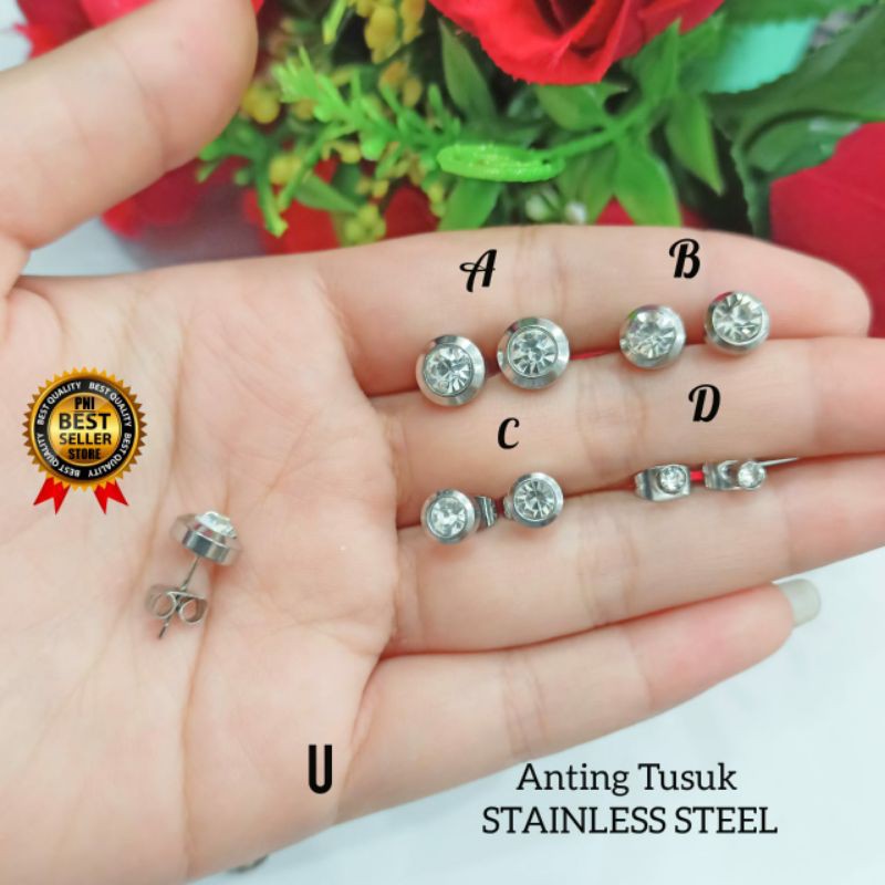 Fourfashion Anting Tusuk Unisex Bahan Stainless Steel Bentuk Permata Bulat Silver PD027