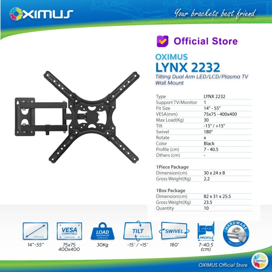 Bracket TV LED Monitor Oximus Lynx 2232 ukuran tv 22&quot; - 55&quot; Vesa 100x100mm.400x400mm