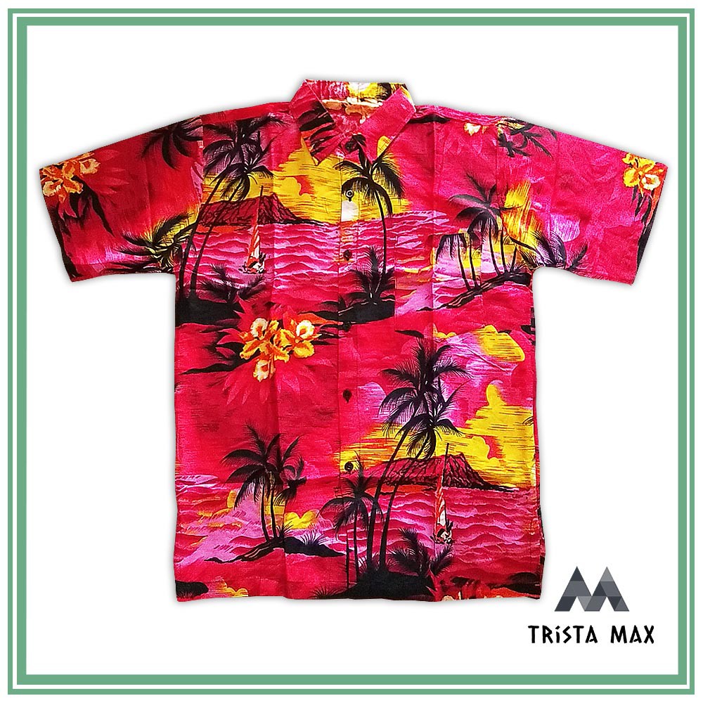 Baju Kemeja Pantai Pria - Kemeja Hawai Pria Warna Merah - Baju Kemeja Pria Murah - Baju Cowo Kemeja
