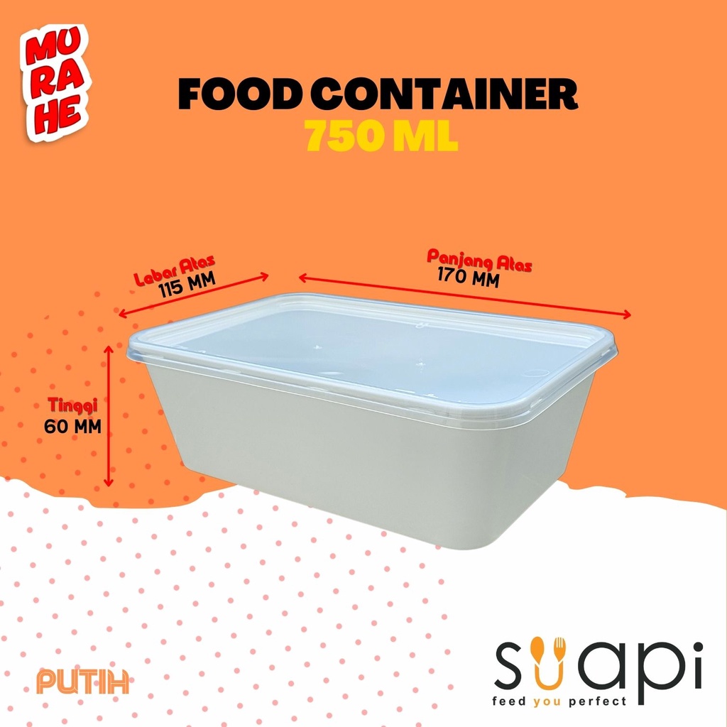 Food Container Suapi 750ml / Thinwall 750 ml Putih/ Kotak Makan 50pcs