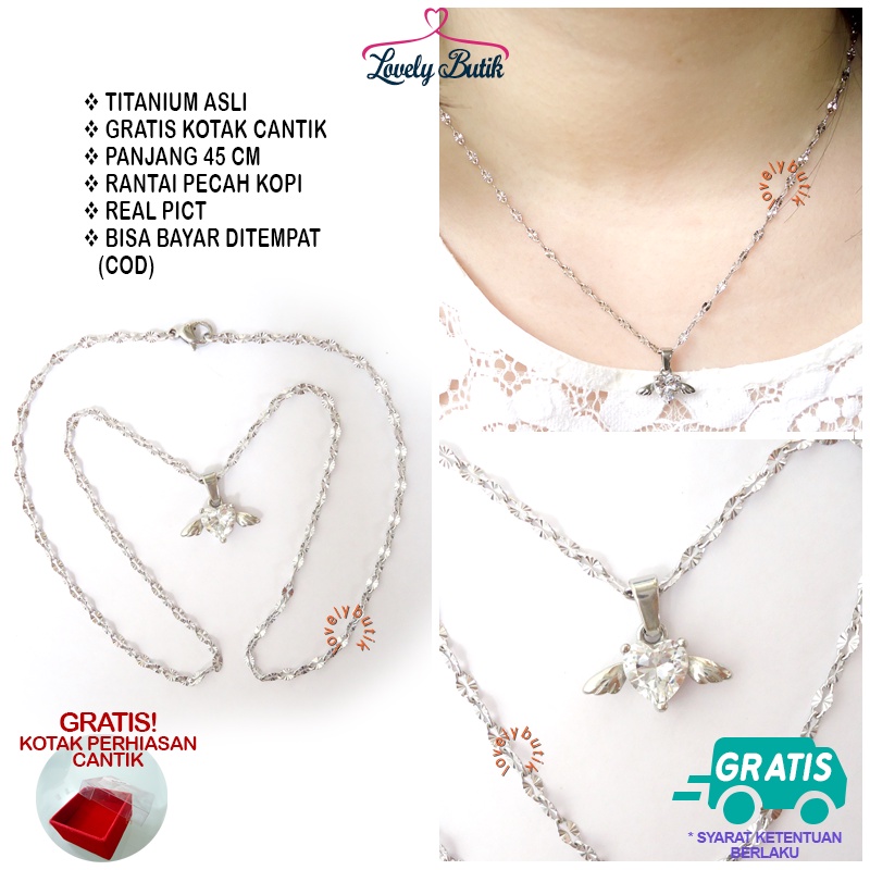 Lovelybutik Kalung Titanium Anti Karat Luci4 Kalung Wanita + Liontin Love W1ng Cristal BONUS KOTAK