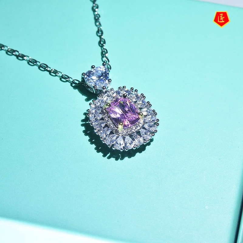 [Ready Stock]Pt950 Platinum Pink Flash Diamond Square Pendant Luxury Banquet