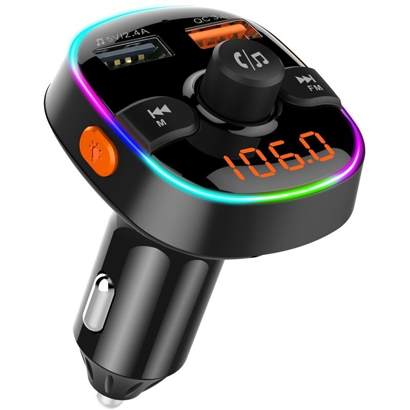 BC52 - Bluetooth Hands-free Rainbow LED Car Charger Dual USB Port - Charger Mobil 2 USB Port