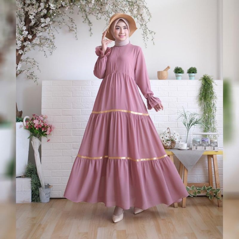 Baju gamis polos gamis ceruti tingkat renda gold/ gamis putih / gamis navy / gamis hitam/gamis mocca