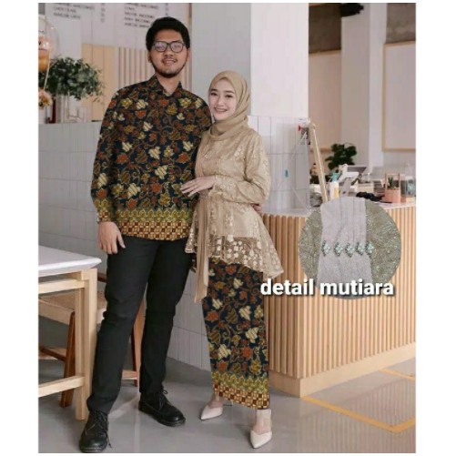 Baju Couple Kondangan Kebaya Modern Couple Muslim CP Pelino Brokat Furing Premium Mutiara Tile Glosy
