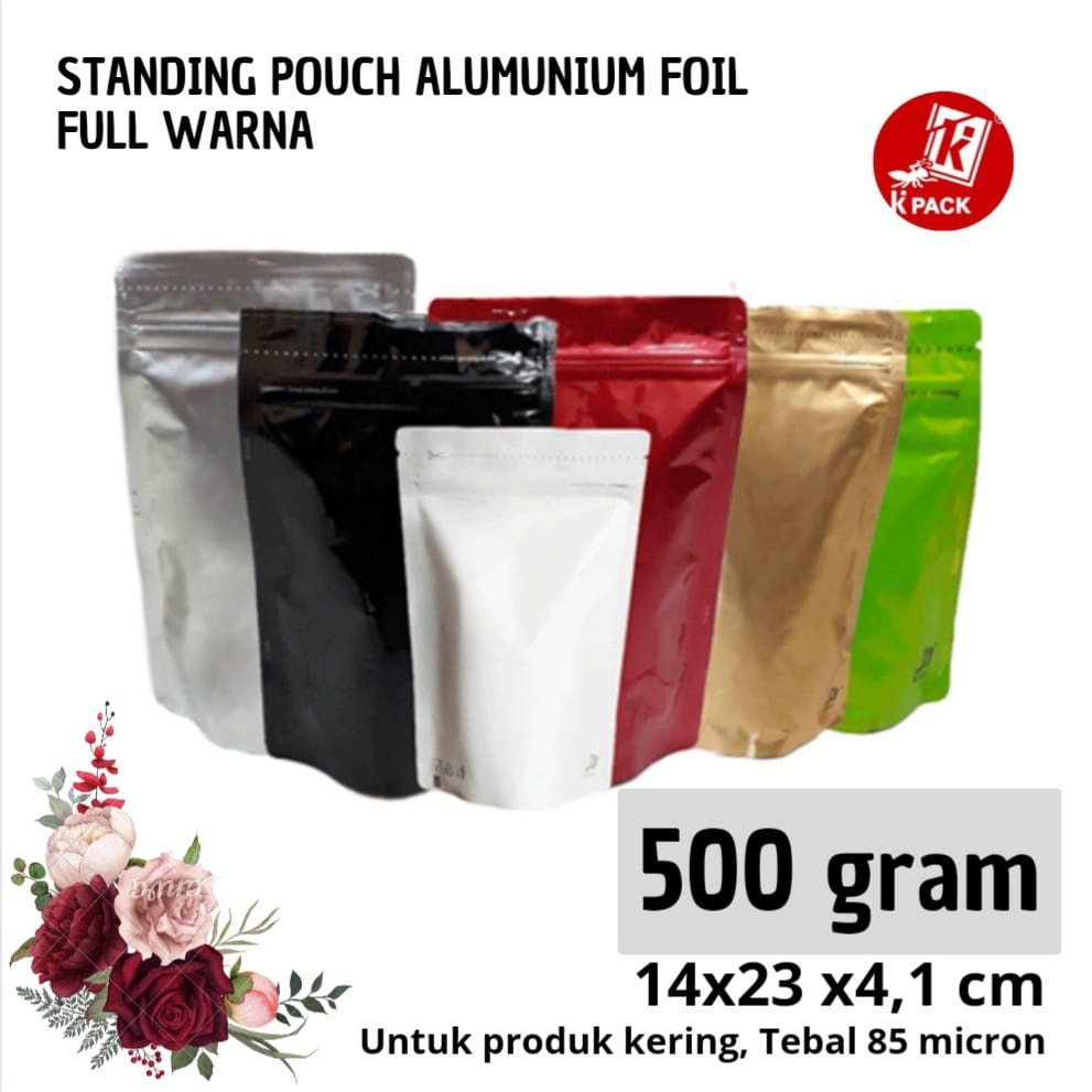 PLASTIK STANDING POUCH FULL FOIL 500GRAM