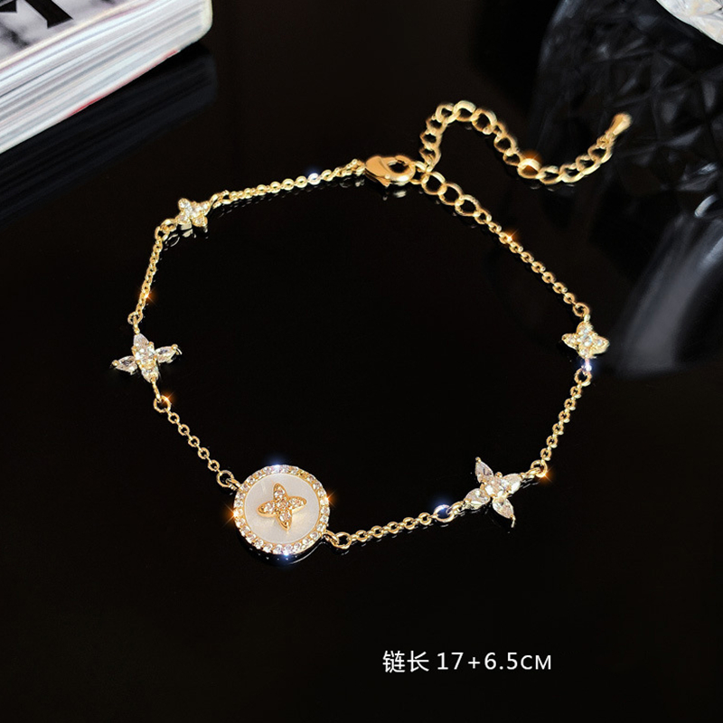 Gelang Titanium Wanita Anti Karat Kristal Mewah Bunga Kupu Desain Korea Bangle Ins Perhiasan Aksesoris Wanita