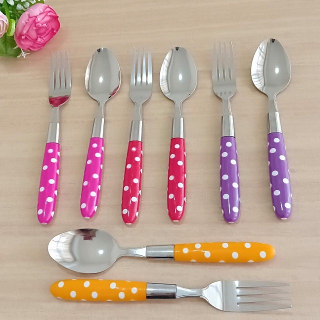 Sendok Set Polkadot Sendok Garpu Makan Isi 6pcs Peralatan Makan Sendok Warna Warni Murah GOSHOP88