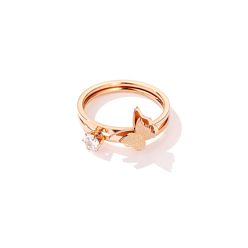 Cincin Bahan Titanium Steel Warna Rose Gold Desain Kupu-Kupu Ganda Gaya Korea