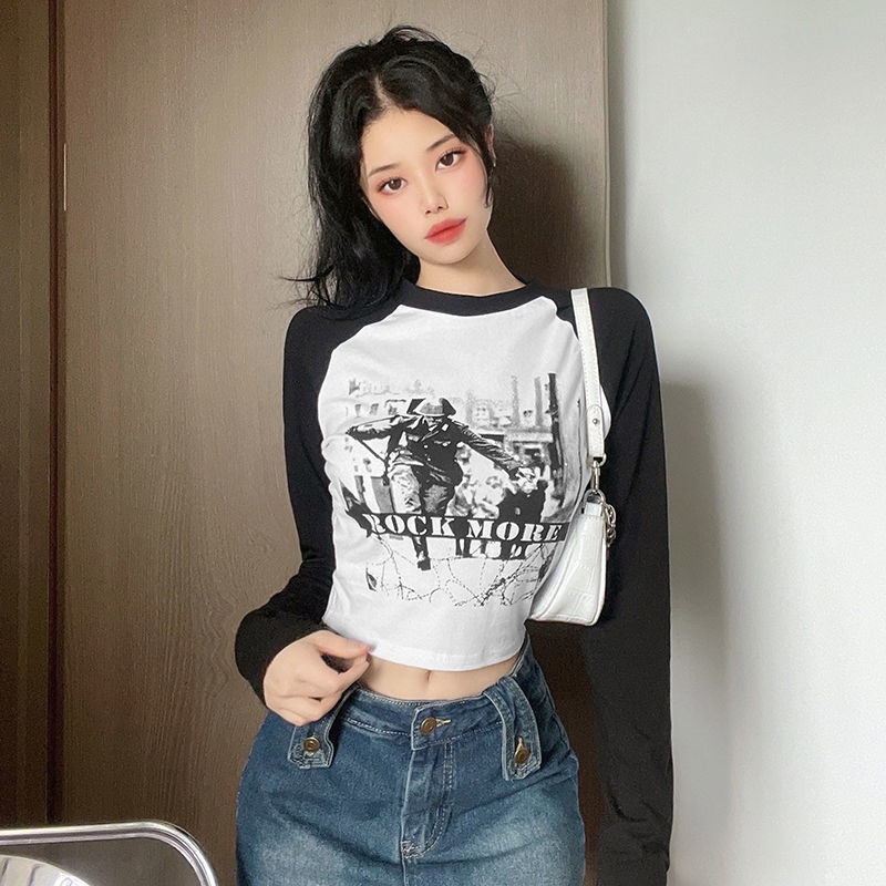 Suhao American Top Rapcopter American Print T-Shirt Wanita Lengan Panjang Raglan Lengan Ramping Atas