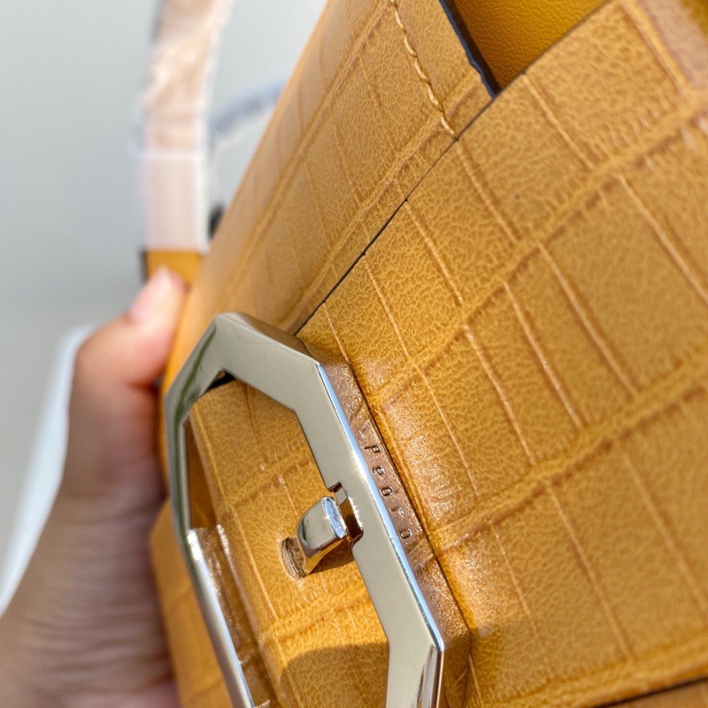 Croc-Effect Buckled Top Handle Bag