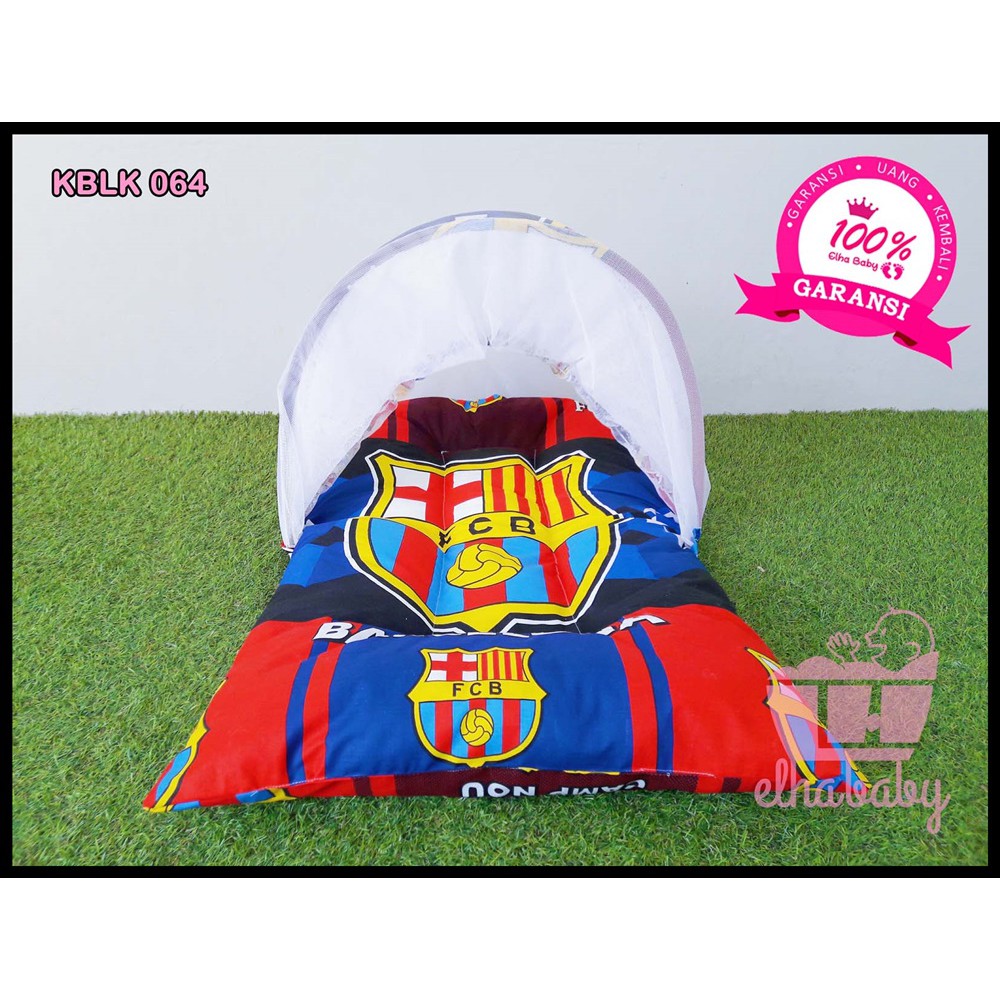 Tempat Tidur Bayi Motif Bola Barca | Kasur Baby Lipat Set Kelambu | Kado Perlengkapan Anak BaruLahir