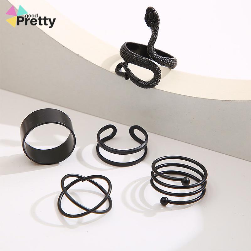 5PCS kreatif ms. Jane cincin wanita menggabungkan cincin ular hitam geometri - PD