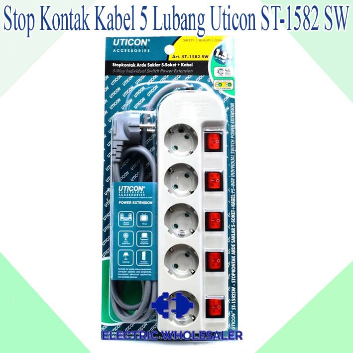 STOP KONTAK 5 LUBANG UTICON  + SAKLAR SDR + KABEL UTICON ST1582SW