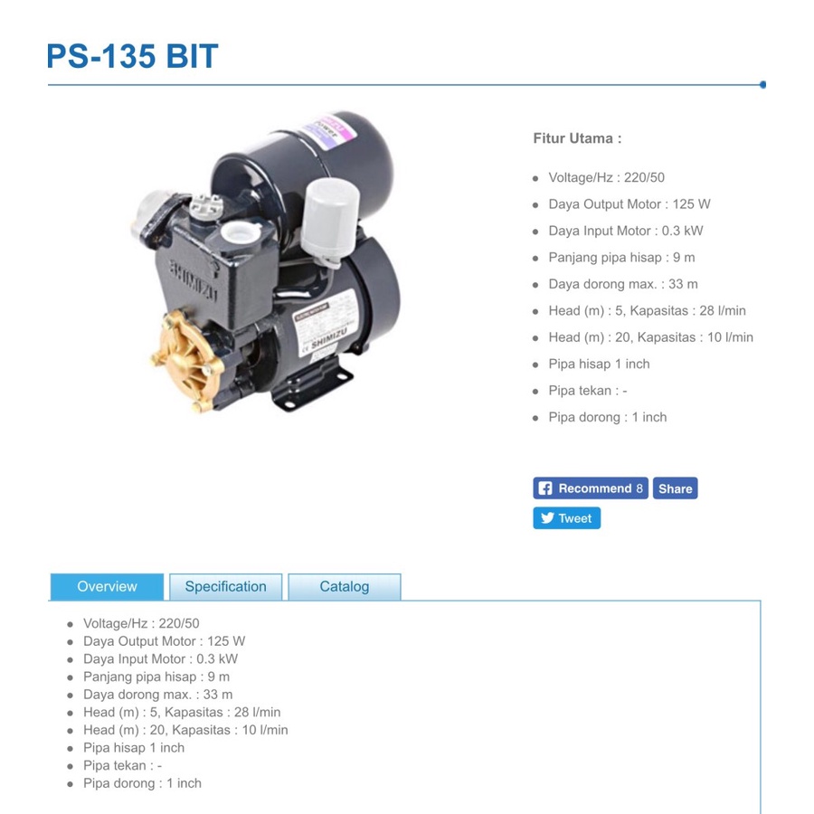 Pompa Air Shimizu Otomatis Listrik PS 135 E PS135 E Pompa Air Dangkal