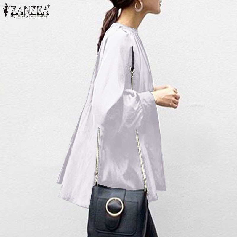 ZANZEA Women Vintage Solid Color Collared Puff Sleeve Blouse