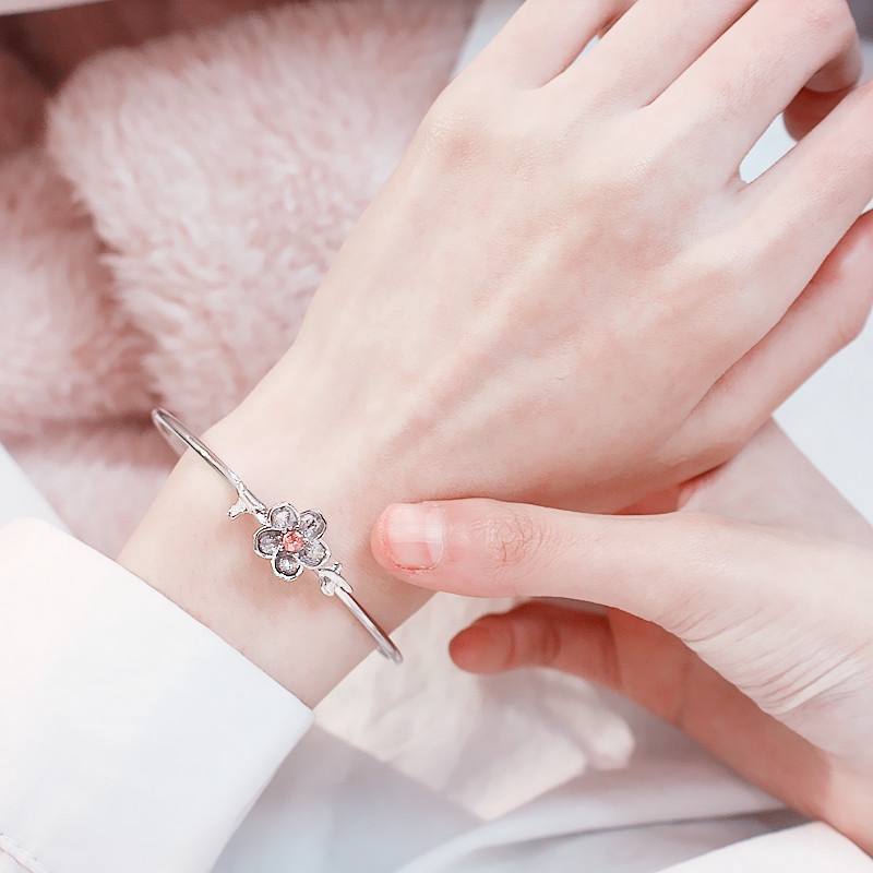 Cherry Blossom Pink Glitter Sterling Silver Hadiah Gelang Disesuaikan