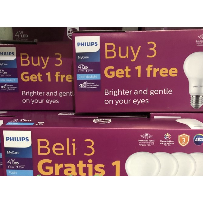 Philips Paket Lampu LED MyCare 4W Putih Bulb (Isi 4 Pcs) 6500K 4 Watt