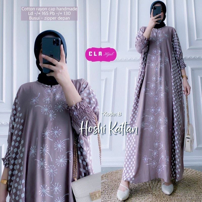 Gamis Rayon Kaftan Wanita Jumbo Cap Encim Motif Hoshi Kaftan Warna Soft Busui Resleting Rayon Tebal / Gamis Arab Kaftan