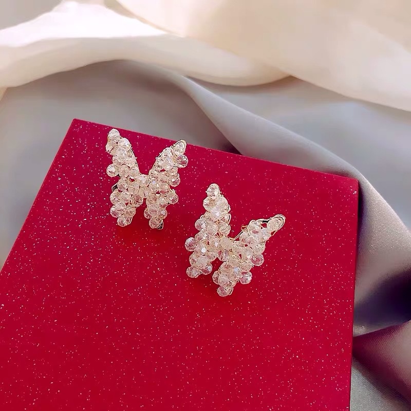 Kupu-kupu kristal kancing Korea Elegan liar anting-anting wanita tinggi rasa tren unik 925 perak pin