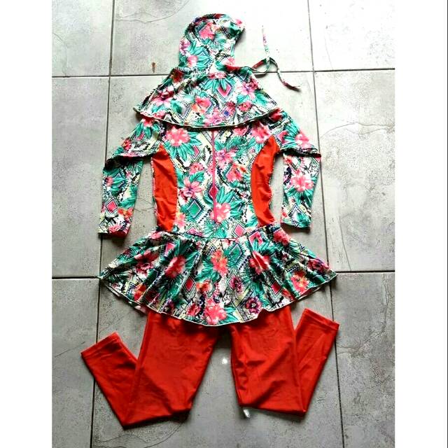 Baju Renang Muslim Anak TK Etnik Bunga Orange