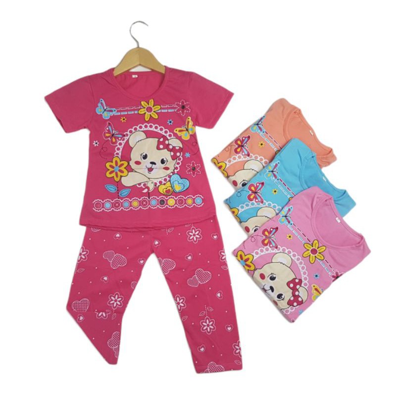 SETELAN SIKUNING PAKAIAN BAJU ANAK PEREMPUAN 2-7 TAHUN MOTIF BEAR BUNGA LENGAN PENDEK CELANA PANJANG