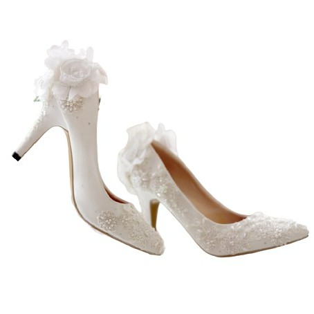 SLIGHT Sepatu Pointed PomPom Brukat Putih Brokat Lace Wedding Shoes High Heels Payet