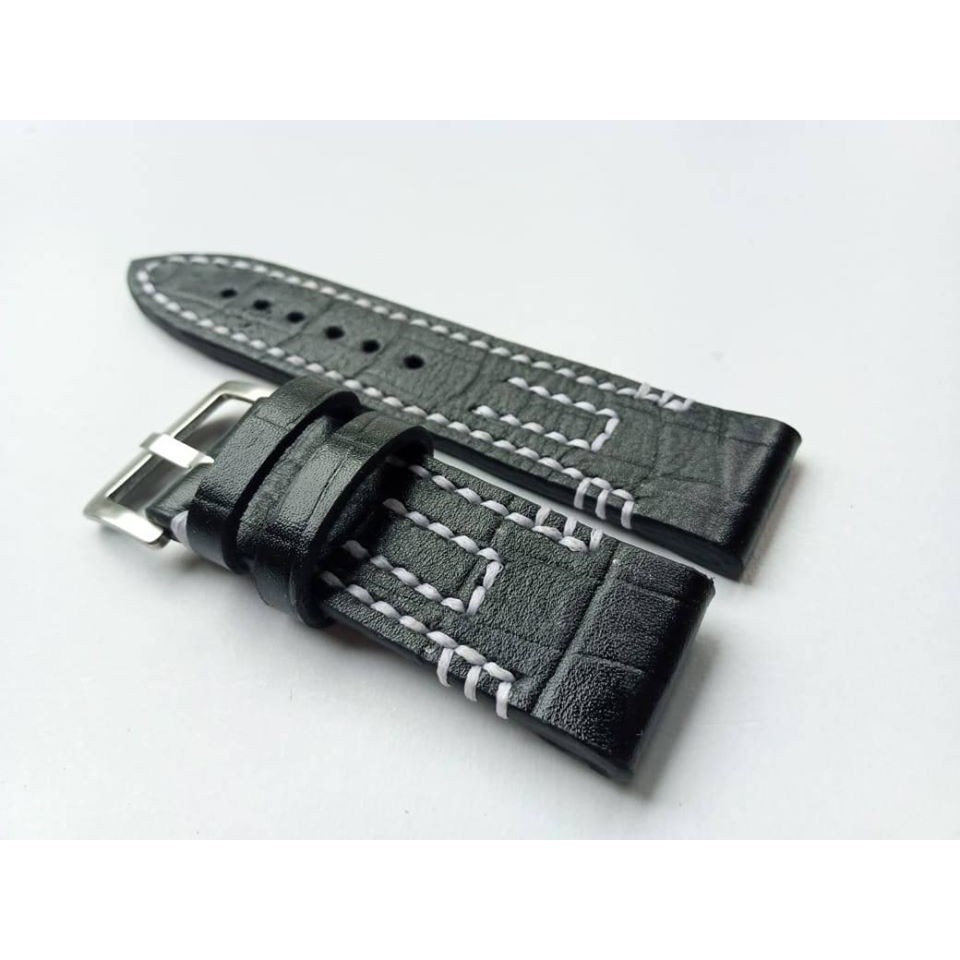 Tali Jam Tangan Kulit Asli Sapi Motif Buaya Handmade Size 22 mm Warna Hitam - Garansi 1 Tahun