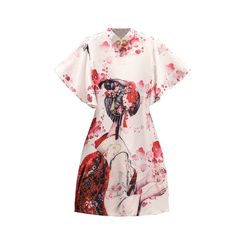 New printed cheongsam 202mm women's dress with large sleeves