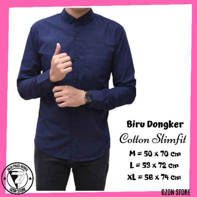 Kemeja Panjang Pria Polos Navy Cowok Casual Formal Keren Slimfit Biru Dongker